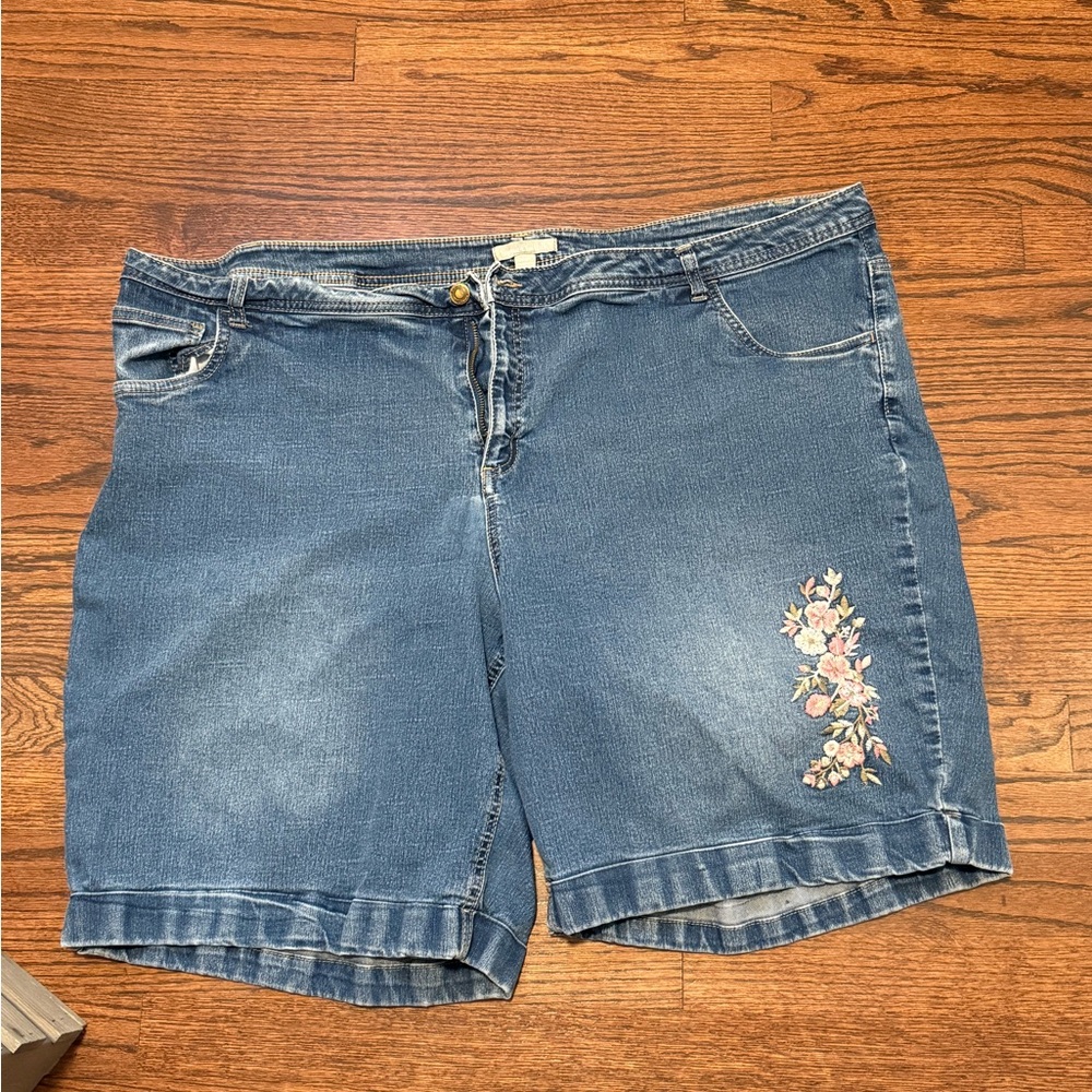 Woman Within Blue Jean Shorts with Floral Embroidery